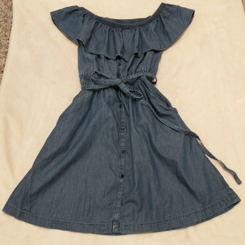 Express Faux Denim Off-Shoulder Ruffle Dress - Picture 12 of 12